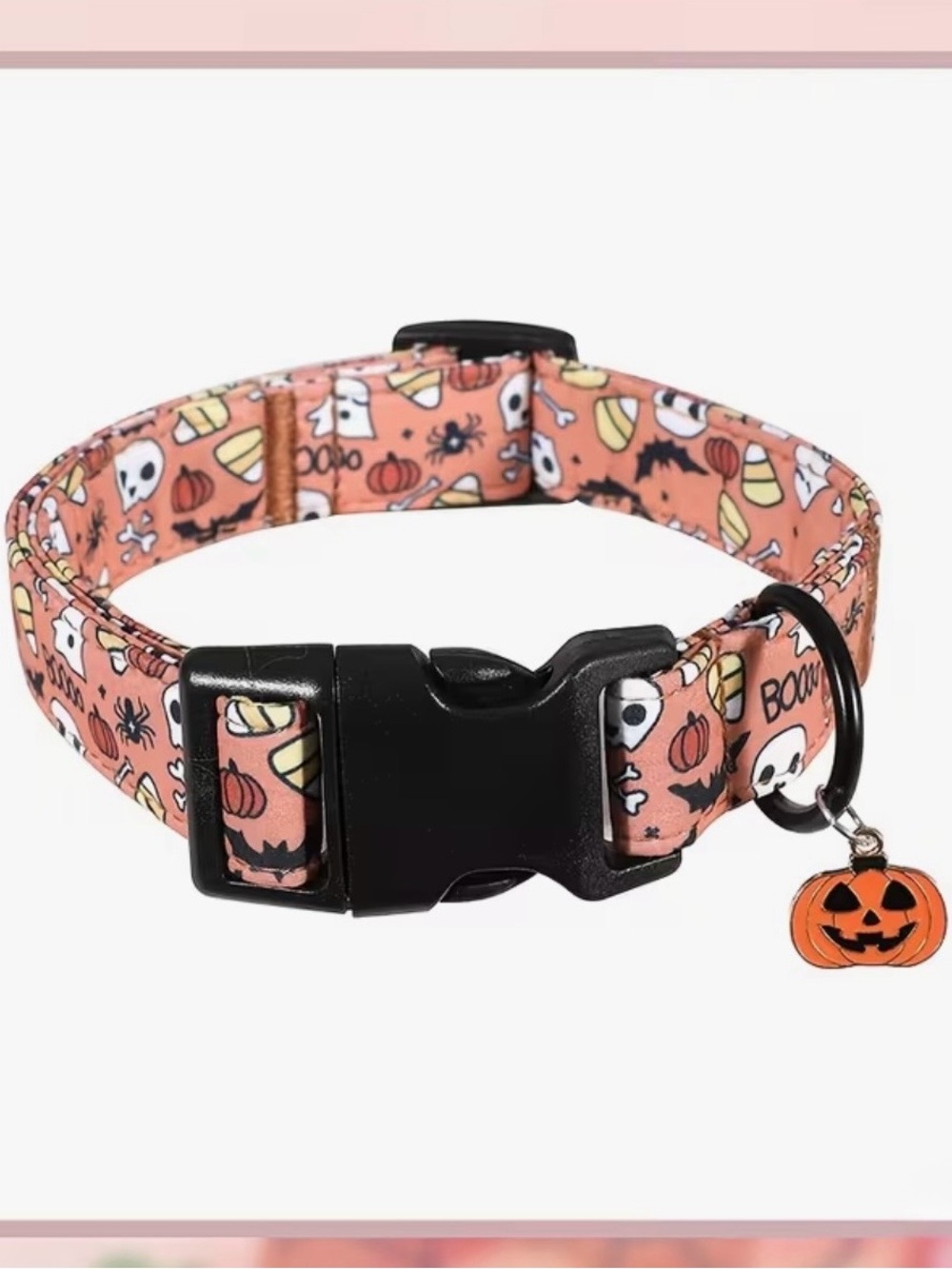 Halloween Print Pet Collar with Carved Pumpkin Charm. Adjustable. Size M or L.
